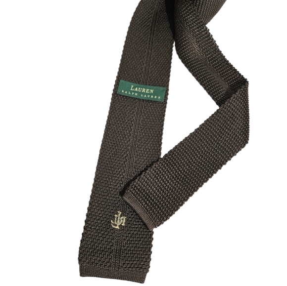 LAUREN RALPH LAUREN Solid Brown Logo Knit Silk LUXURY Slim Tie ITALY - Picture 2 of 5